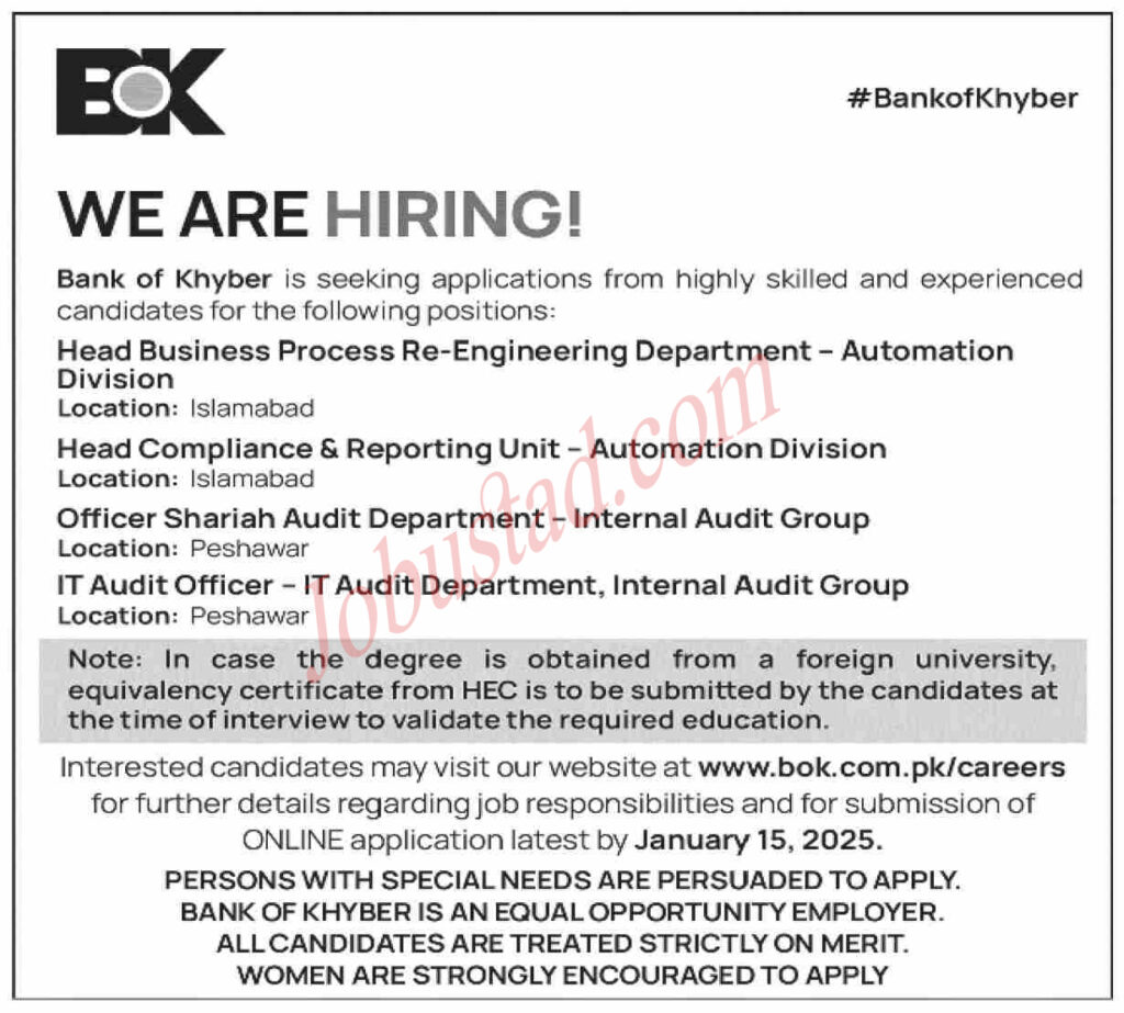 The bank of Khyber announced jobs opportunities as Head compliance and reporting unit a January 2025